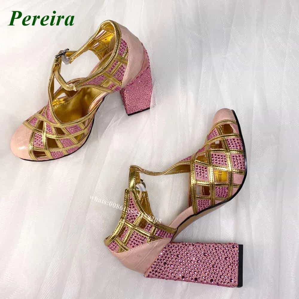 Crocodile-Print Leather T-Strap Cutout High Heels with Diamonds New Gold Rhinestone Chunky Heel Colorblock Women's Shoes 2022 - Product Main Image