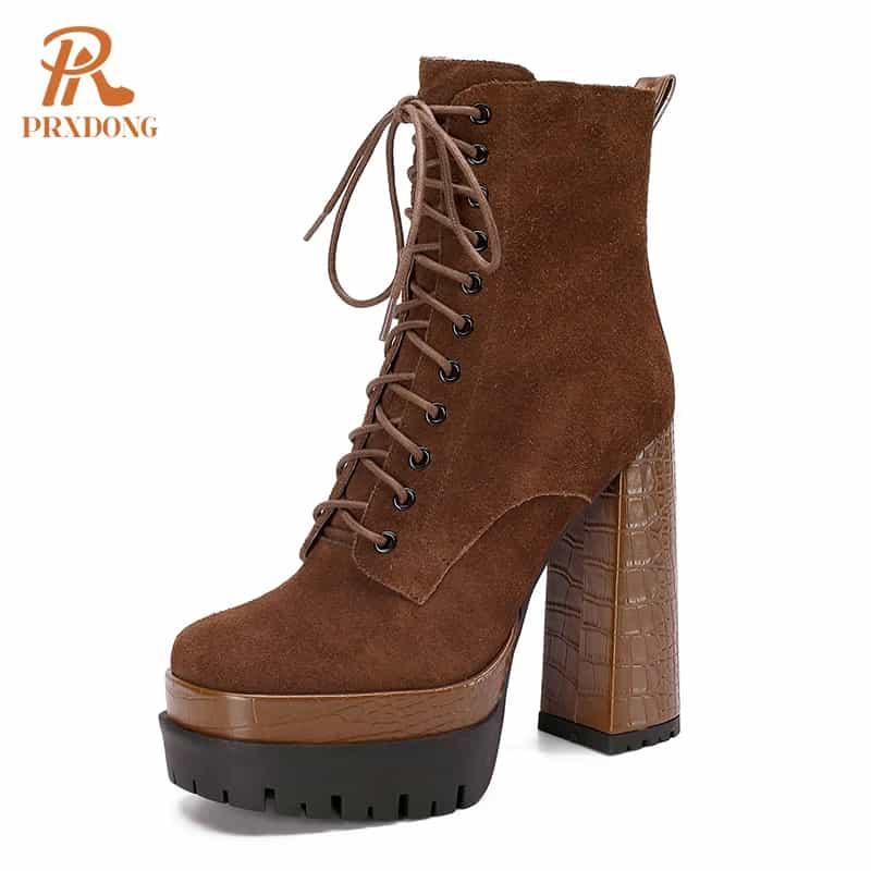 PRXDONG Women's Quality Brand Thick Platform Women's Ankle Boots Zipper Black Female Booties High Heels Party Dress Lady Shoes - Product Main Image